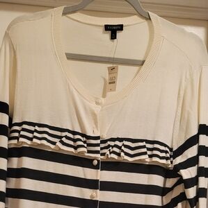 NWT Talbots Black & Cream Striped Cardigan Sweater w Ruffle Yoke SZ XL